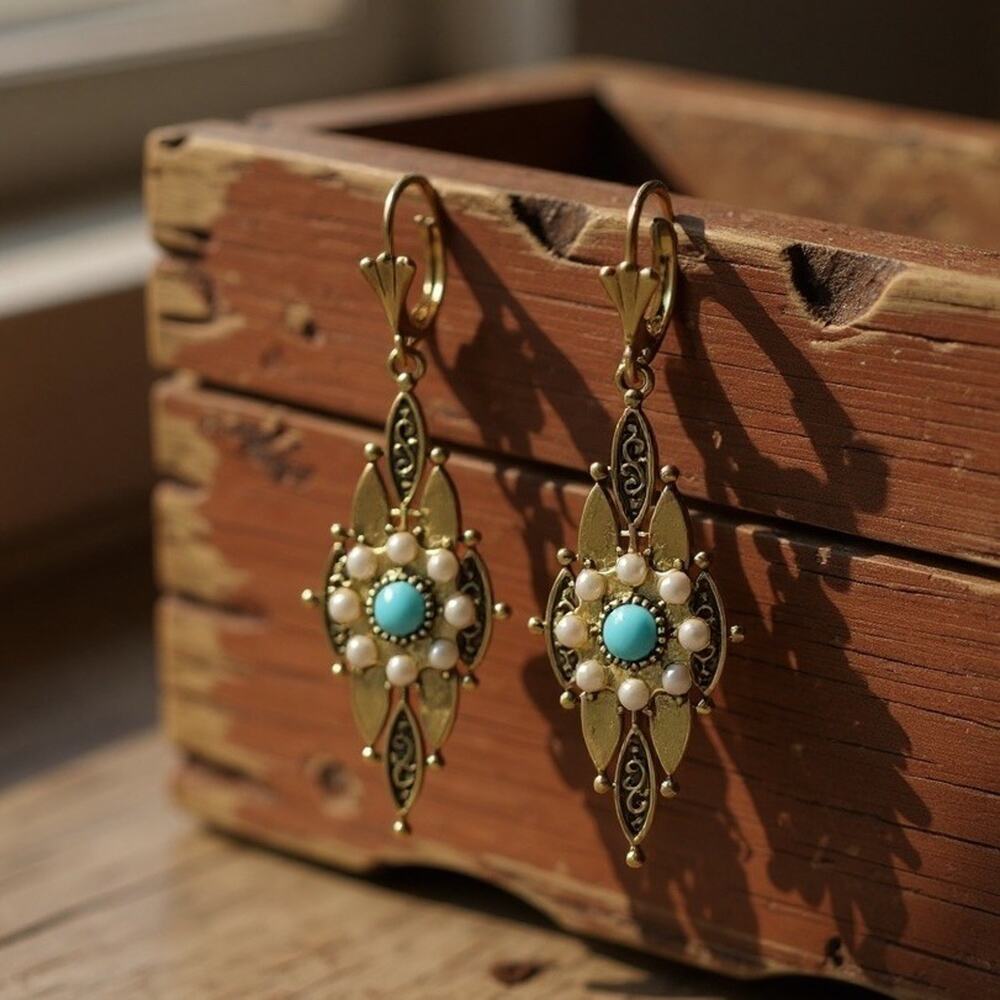 Medieval Museum Turquoise Pearl Earrings Geometric Cluster Retro Gold VTG